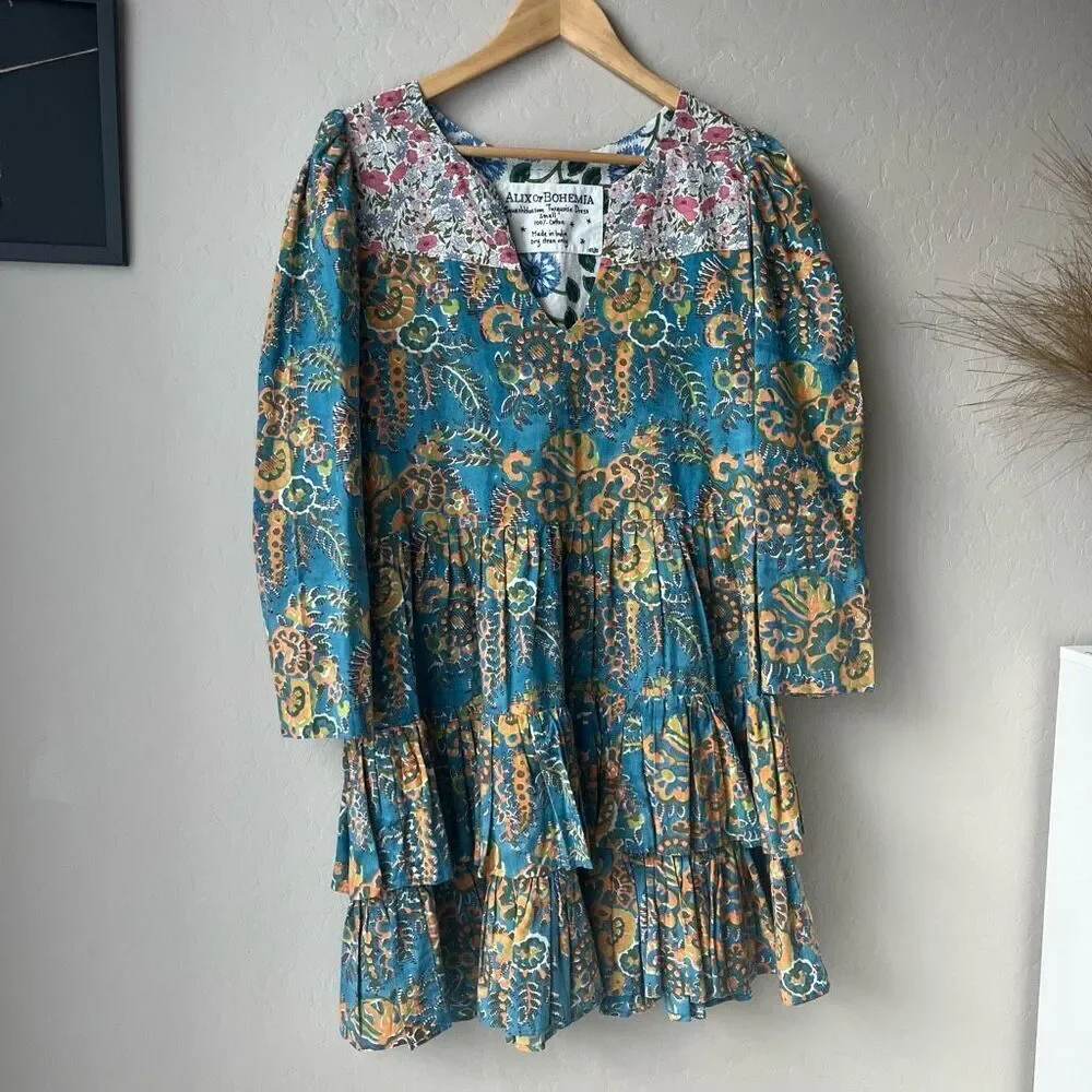 Alix of Bohemia Squash Blossom‎ Turquoise Print Tiered Mini Dress Size Small
